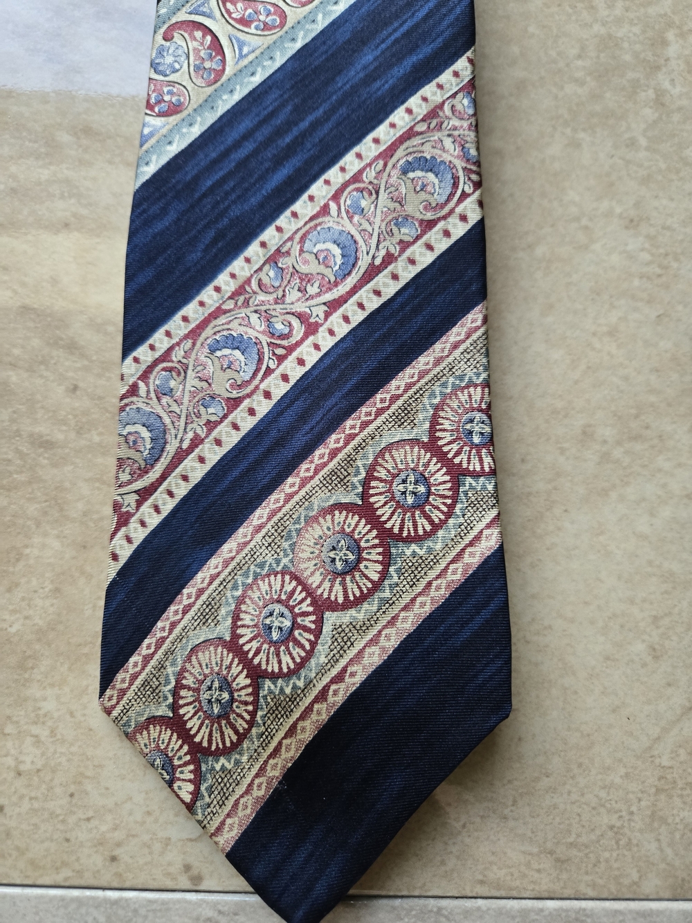 bill blass Navy Tie with Burgundy and Cream Paisley Stripes
